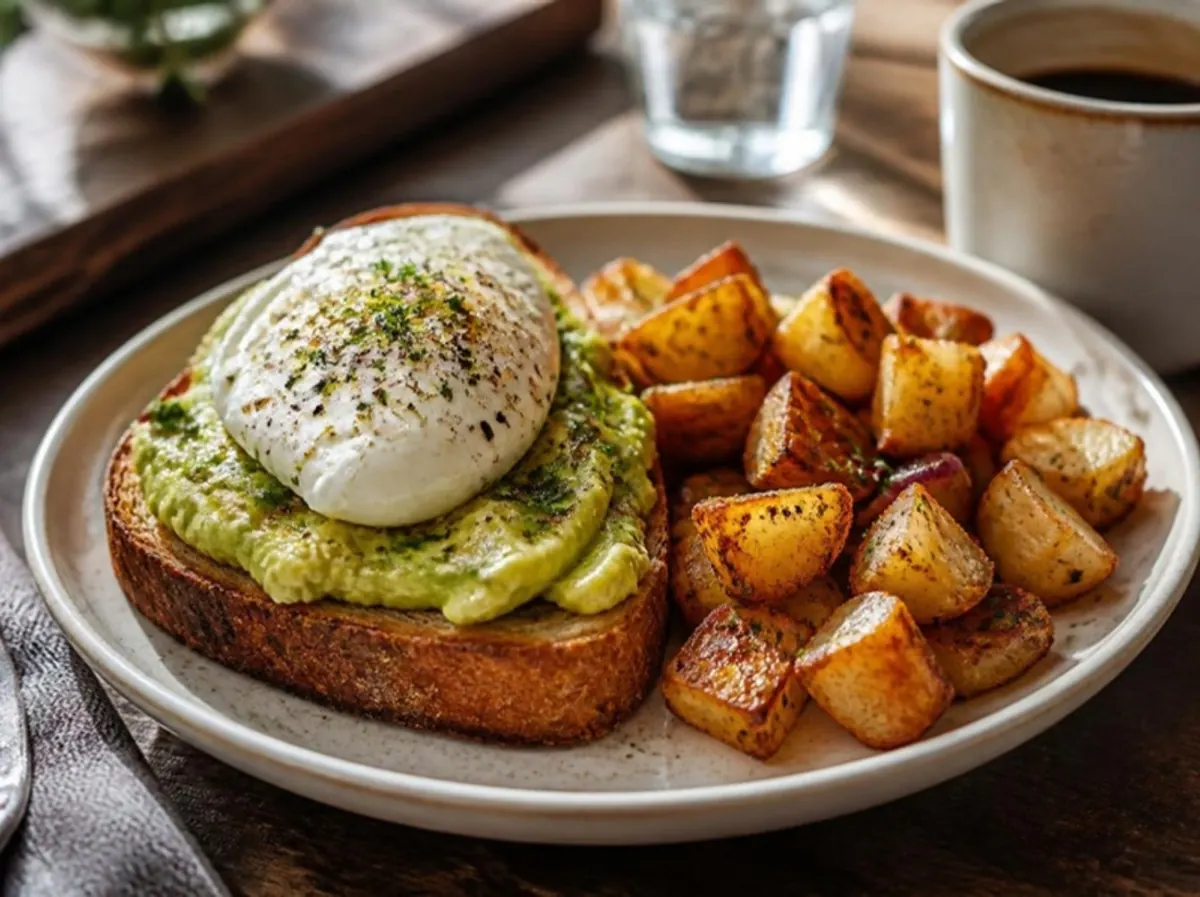 Avocado toast topped with a poached egg
