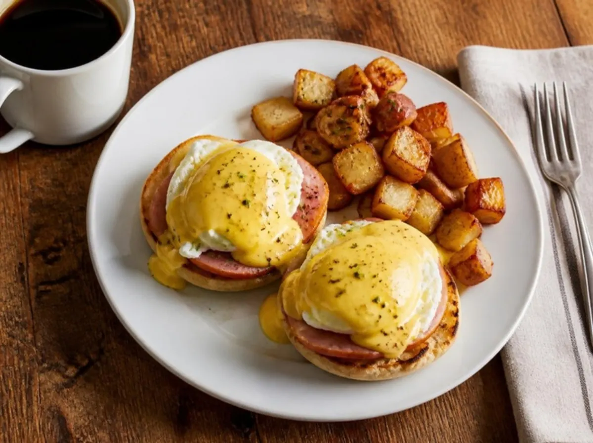 Eggs benedict with hollandaise and homefries