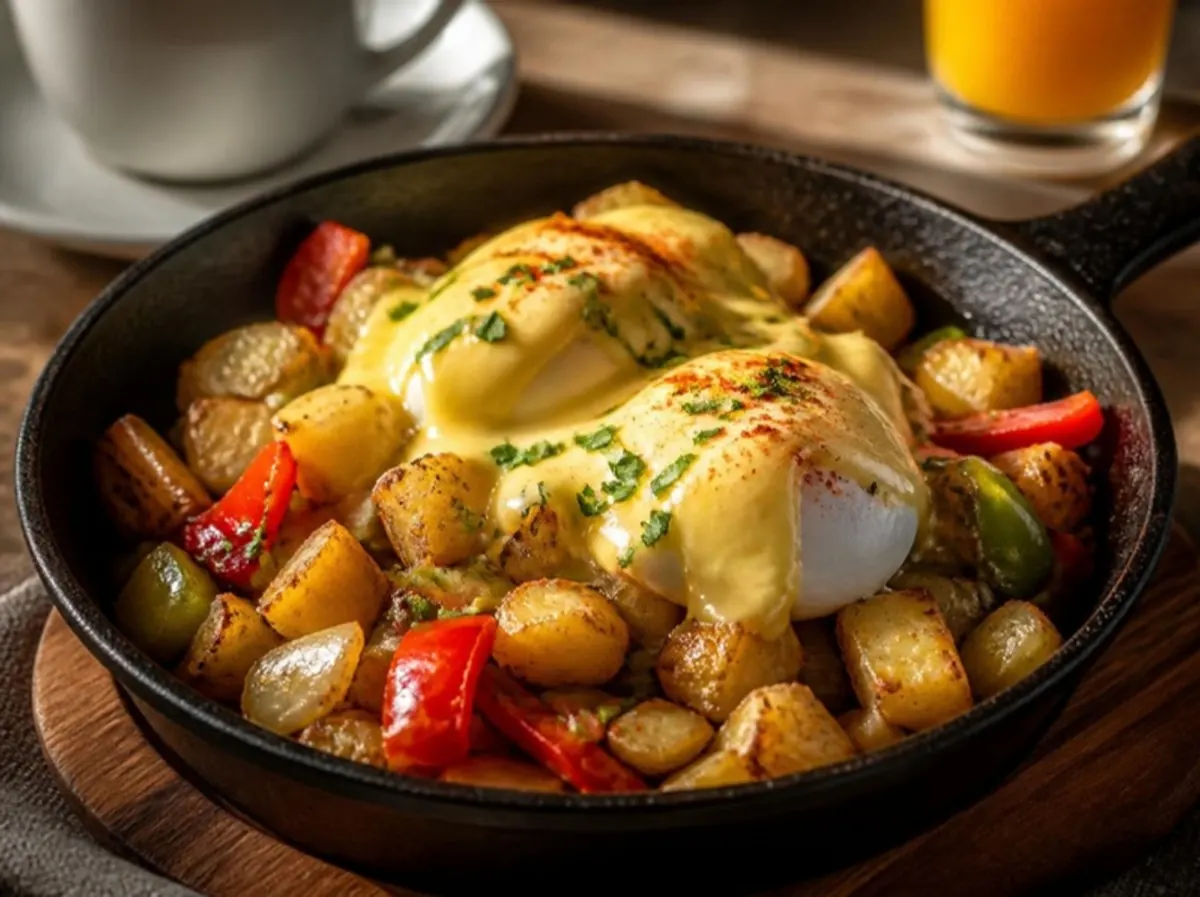 Skillet of homefries, peppers and poached eggs with hollandaise