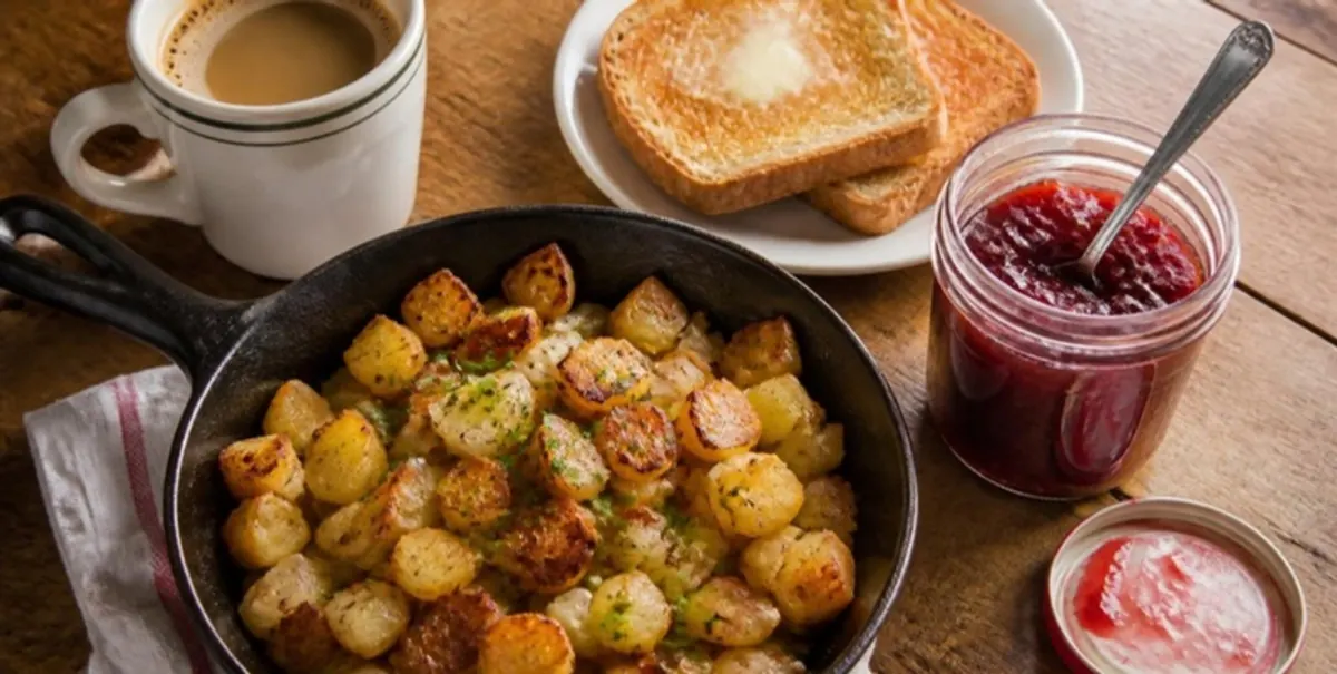From-scratch homefries with toast and homemade strawberry jam