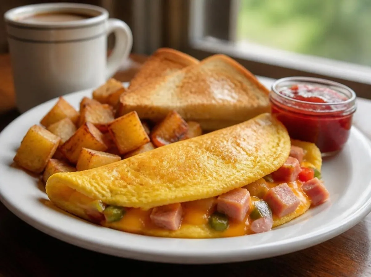 Folded diner omelette with ham, cheddar and peppers, homefries and toast