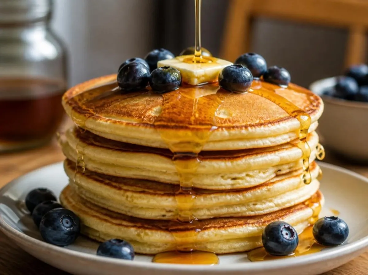 Stack of buttermilk pancakes with butter, maple syrup and blueberries