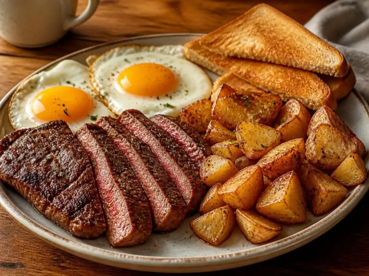 Sliced steak with two sunny-side-up eggs, homefries and toast