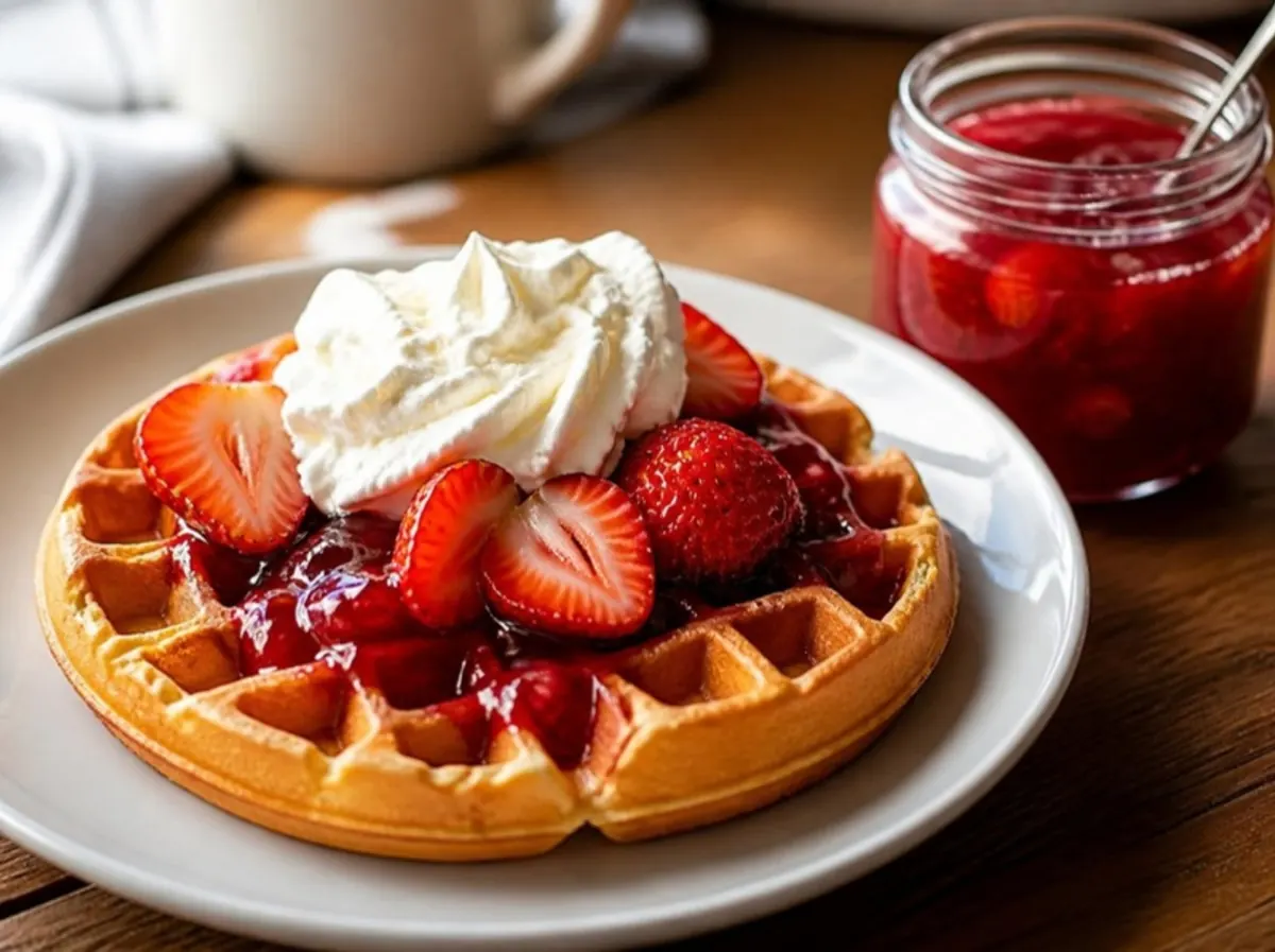 Belgian waffle with strawberries and homemade strawberry jam